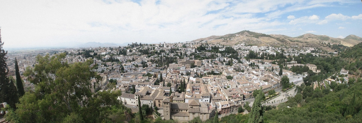 Panorama across the Albaicín district rooftops in Granada, Spain