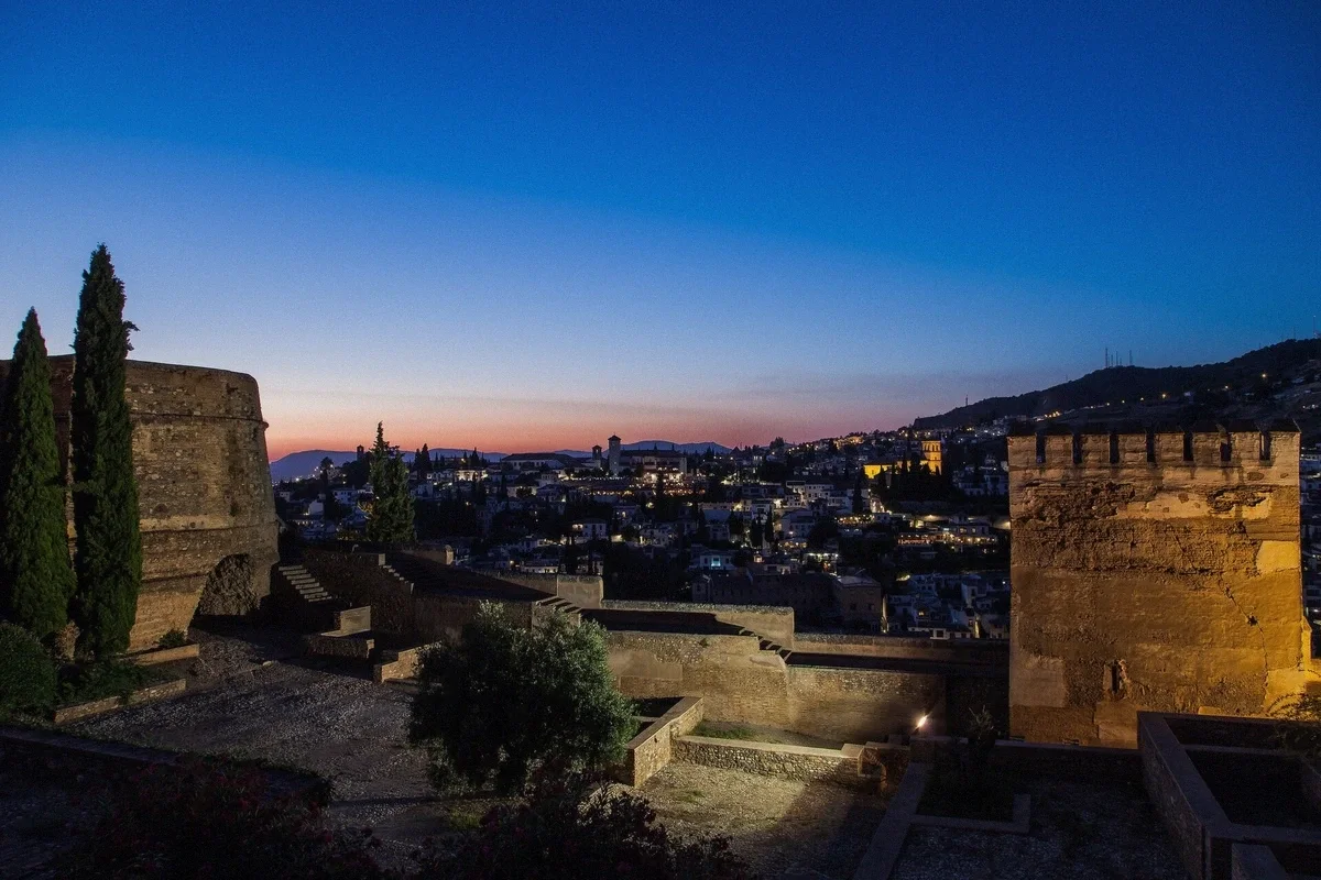 Evening light over the Alhambra’s gardens and walls, Granada, Spain